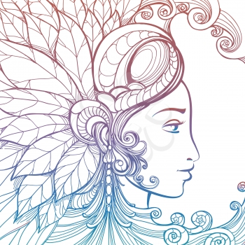 Zentangle woman face with ornate elements isolated on white background. Colorful tatoo tempate vector illustration
