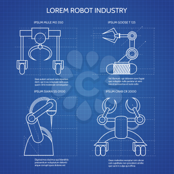 Robot arms blueprint vector illustration. Industrial robotic armed machines
