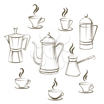 Coffee sketch vector collection. Hand drawn coffee pot and cup vector illustration