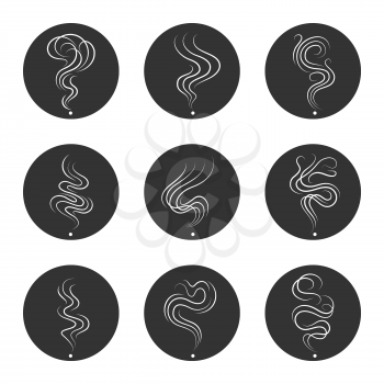 Smoke smell flat line icons in grey circles