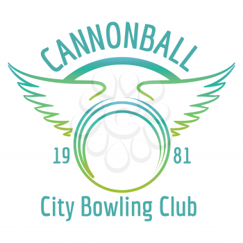 Bright bowling club logo with boling ball and wings. Vector bowling banner isolated on white