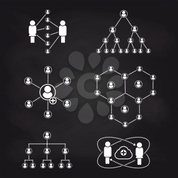 People connection and social network line icons on blackboard background. Vector illustration