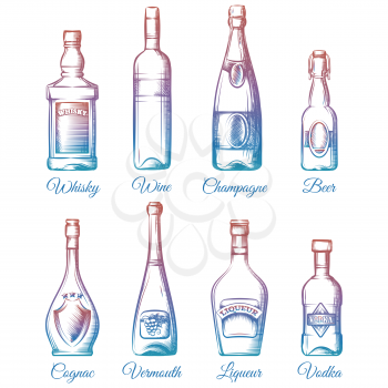 Colorful alcohol bottles collection isolated on white background. Vector illustration