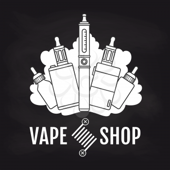 Vape shop emblem design. Vector vape e-cigarette logo on blackboard