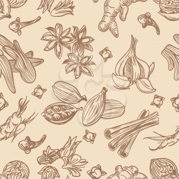 Hand drawn spices seamless pattern. Vector background with ginger and garlic, cinnamon and clove sketch