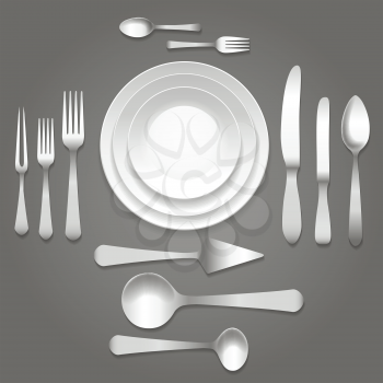 Vector dinnerware top view. Empty plates, forks and knifes and cutlery