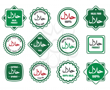 Islamic kosher certified arabic meal emblems. Vector halal signs or islamic food logo icons