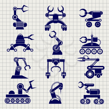 Robot arms elements collection on notebook backround, vector ilustration