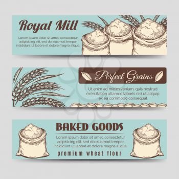 Premium mill product banners template. Vector banners with whole bag wheat flour, grains and ears of wheat