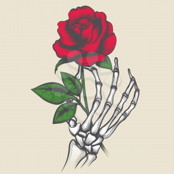 Skeleton hand with rose in tattoo style. Red rosebud in bony fingers vector illustration