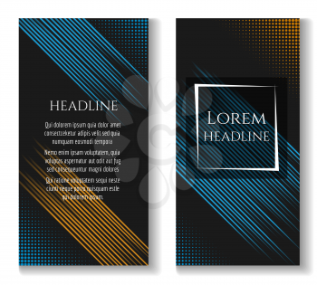 Business brochure vector template with blue and yellow motion speed lines on black background