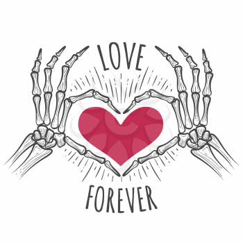 Love you forever vector illustration with skeleton pink heart hands in doodle sketch style