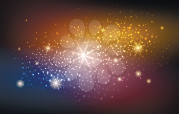Festive blur gold and blue space background with blurry lights and soft glitter sparks vector illustration