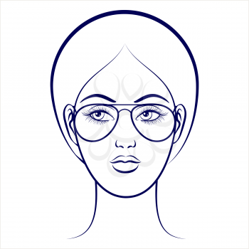 Balpoint drawing female face with glasses on grey backdrop. Vector illustration