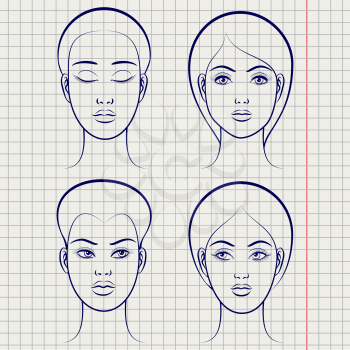 Ballpoint pen female faces on notebook page background. Vector illustration
