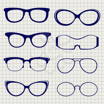 Ballpoint pen color eyeglasses collection on notebook page. Vector illustration