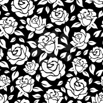 Hand drawn roses seamless pattern on black backdrop. Vector illustration