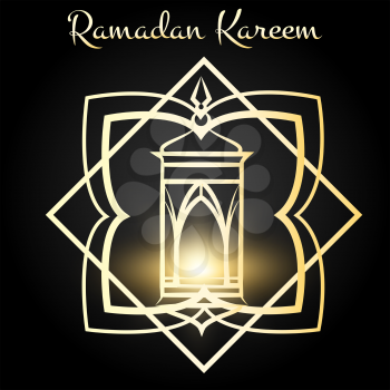 Ramadan Kareem poster design with golden lighting lamp. Vector illustration