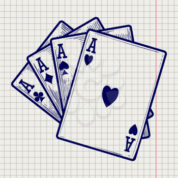 Hand drawn card deck. Vector ace cards on notebook page