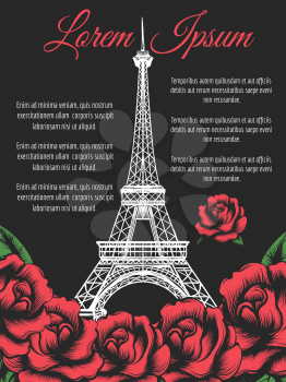 Paris poster design with Eiffel Tower and roses on black backdrop. Vector illustration