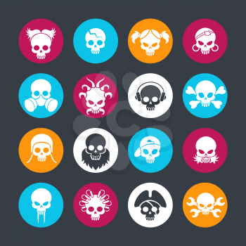 Skull icons collection vector illustration. Decorative sculls on colors rounds