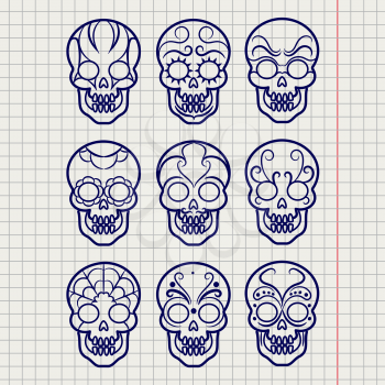 Ballpoint pen mexican skull set on notebook page, vector illustration