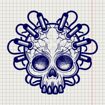 Ballpoint pen sketched monsters skull with dynamite on notebook page backdrop. Vector illustration