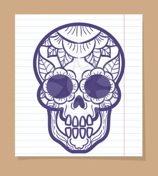 Decorative human skull with floral ornament on linear notebook page. Vector illustration