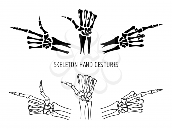 Thin line and silhouettes of skeleton hands gestures on white background. Vector illustration