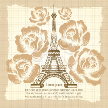 Vintage France poster design. Vector romantic background with Eiffel tower and roses