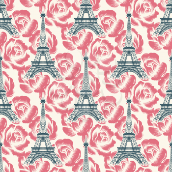 Vintage France seamless pattern. Vector Eiffel tower seamless texture