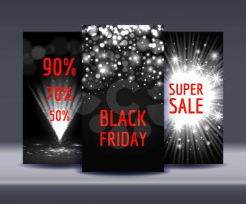 Set of sale banners with sparkles on dark background. Vector illustration