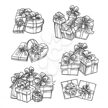 Hand drawn gift boxes isolated on white background. Vector illustration