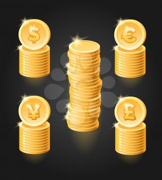 Gold coin stack. Vector golden money stacked coins isolated on black background like dollar and euro, pound sterling and japanese yen