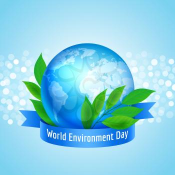 Blue planet globe Earth with ribbon and leaves. World Environment Day concept, vector illustration
