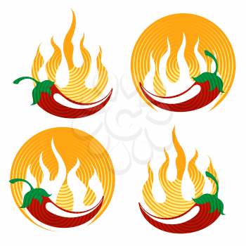 Chili pepper emblems. Hot peppers in fire vector icons