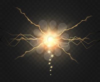 Electric flash. Electricity sparks vector illustration, electric force strike or power energy lightning isolated on black background