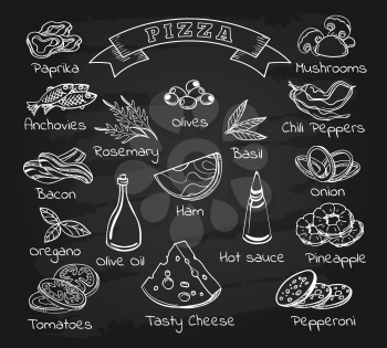 Pizza ingredients on chalkboard. Black board background with italian food pizza with vegetables and olives sketch, cheese and garlic doodles, vector illustration
