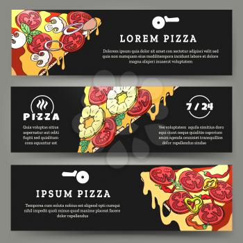 Pizza flyers. Banners templates with pizza slices on desk background for pizzeria cafe and delivery, vector illustration