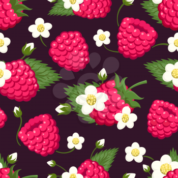 Raspberry seamless pattern. Colored ripe fresh wild berries with leaves and flowers background design for sweets and pastries, vector illustration