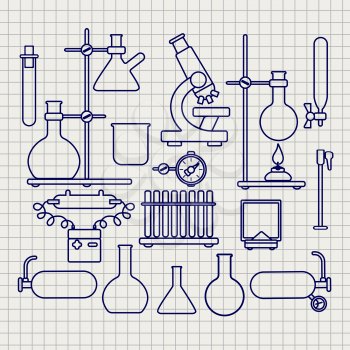 Chemical lab thin line icons set on notebook page, vector illustration