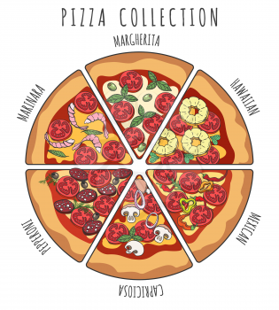 Pizza slice collection. Margherita and pepperoni, hawaiian and mexican, marinara and capriciosa pizza drawing sketch for pizzeria