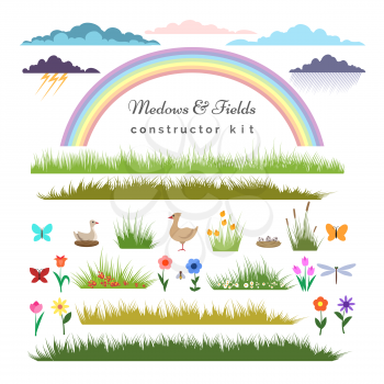 Fields constructor. Meadows and fields elements kit for cartoon landscape constructor with vector grass and flowers, ducks and a rainbow