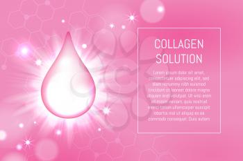 Vector illustration with collagen drop and bokeh lights on pink background. Cosmetic concept