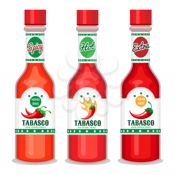 Tabasco sauce. Chili cayenne spicy pepper sauce, green and red bottle vector illustration