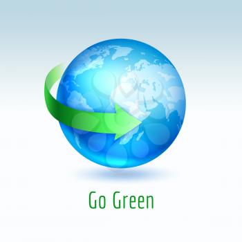 Blue planet globe Earth with green arrow, vector illustration