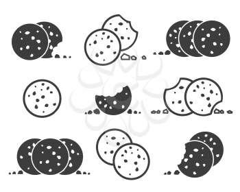 Bitten chip cookies icon set. Biscuit cookie or biscotti vector icons isolated on white background