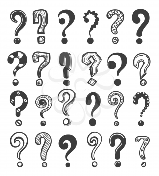 Doodle question marks. Hand drawn interrogation icons or sketch ask questions isolated on white background, vector illustration