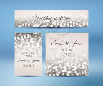 Wedding invitation cards in beige colors with bokeh lights, vector illustration