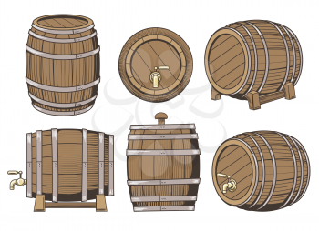 Wooden barrel set. Colored vintage old wood barrels isolated on white background with tap, beer, rum or wine keg set vector illustration